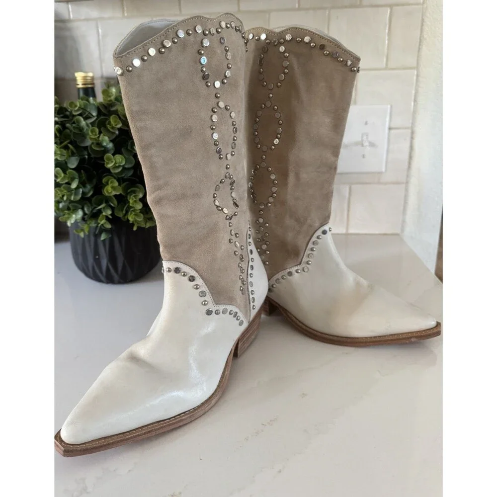 Free People Jaxon Studded Western Cowboy Boots Cream Excellent 38.5 8